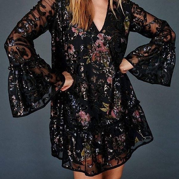 Free People Falling Flowers Sequin Bell Sleeve Frock Mini Dress Embellis… - Picture 5 of 8